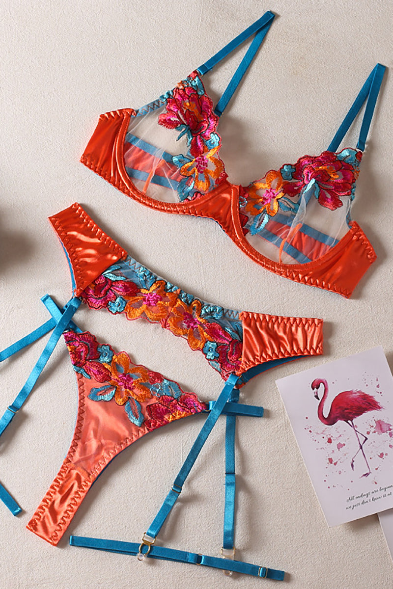Valenzora | Satin Sheer Floral 3 Piece Lingerie Set