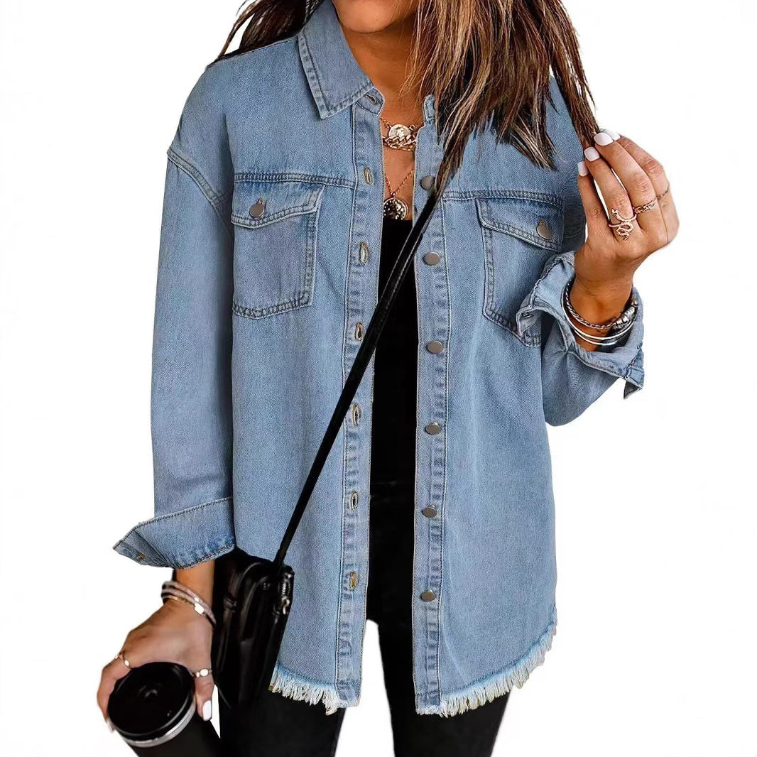 Women's Oversized Denim Shirt with Fringes, Size