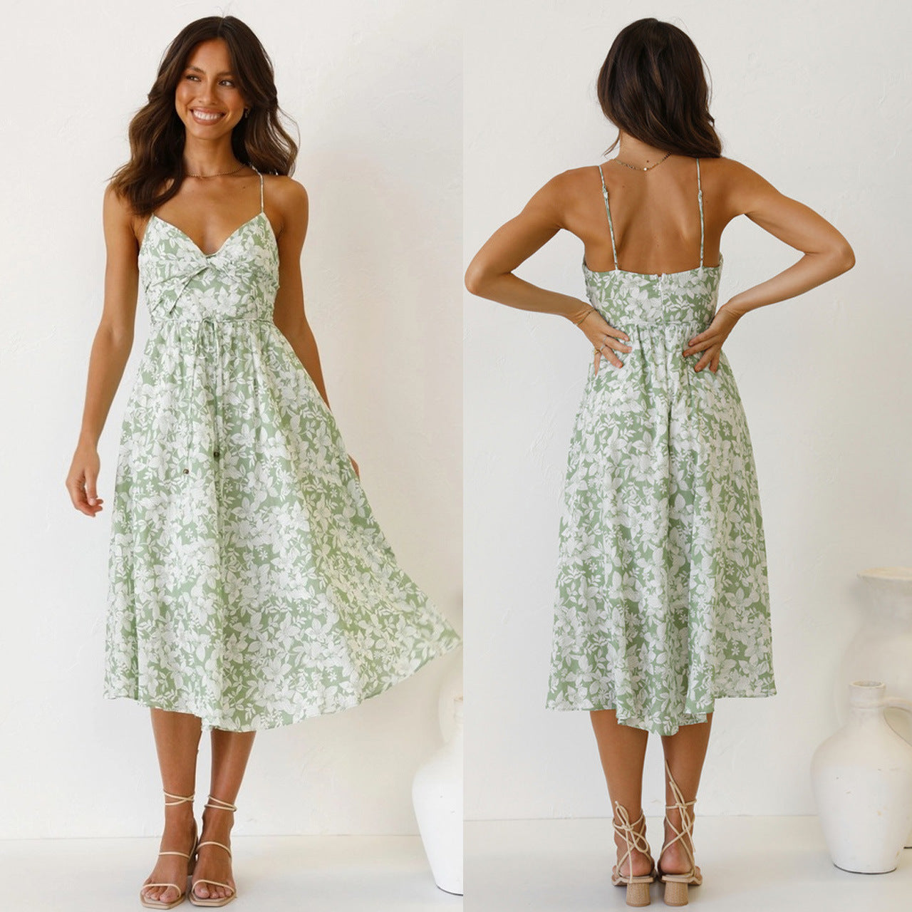 Women's midi dress with floral pattern and adjustable spaghetti straps, size