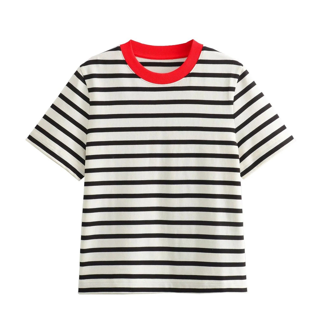 Women's casual T-shirt with contrasting collar and relaxed striped pattern, size