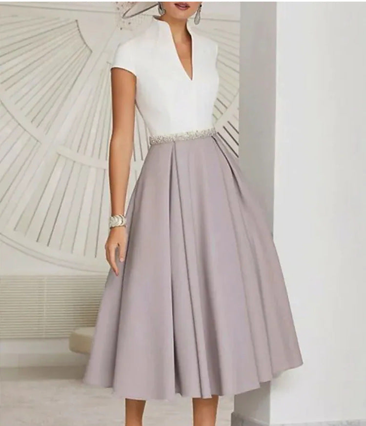 Valenzora | White color block V-neck flared summer dress