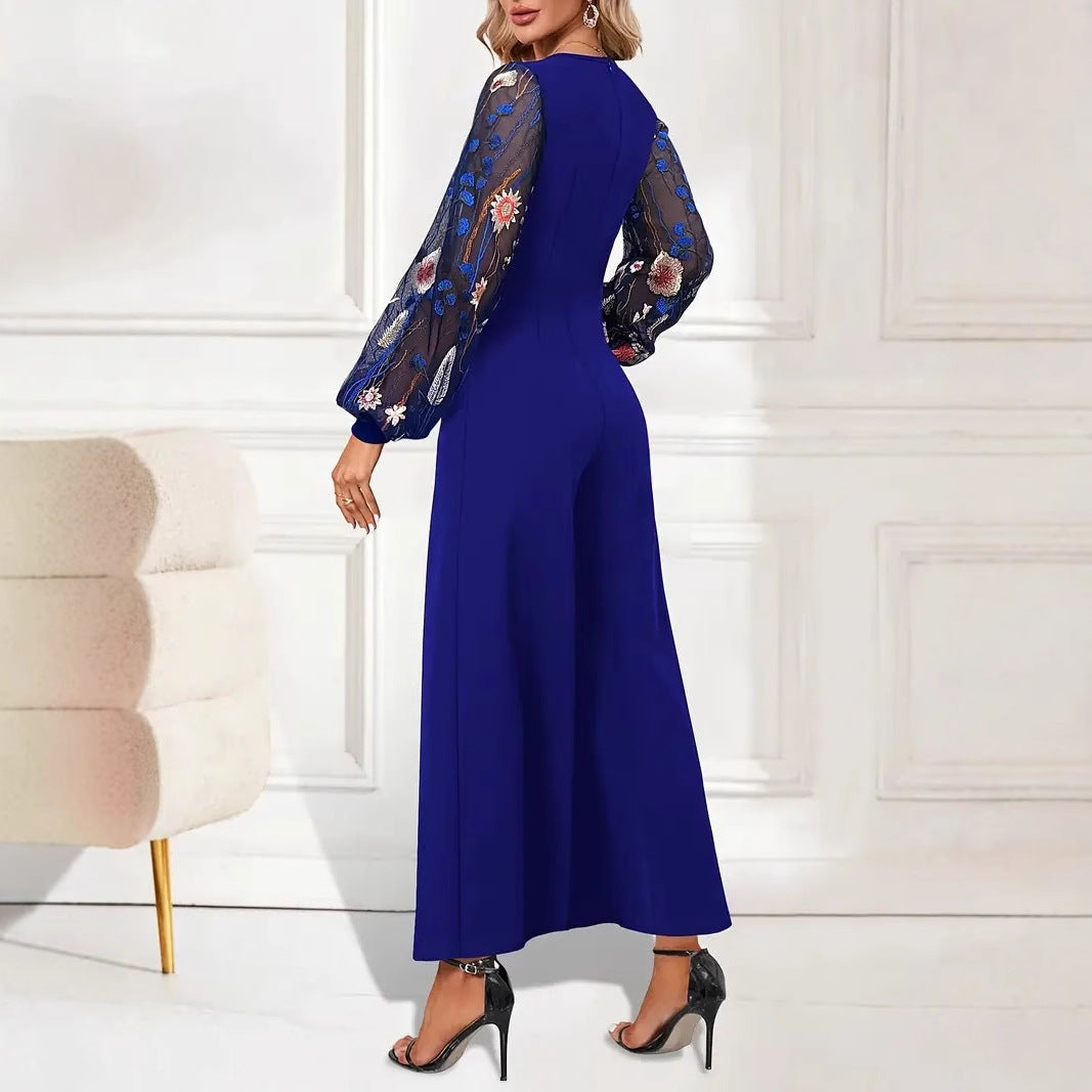 Eleganter Damen-Jumpsuit mit floralen Spitzenärmeln und weitem Bein, Größe S