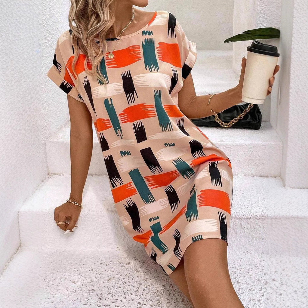 Valenzora | Printed Batwing Sleeve Round Neck Dress