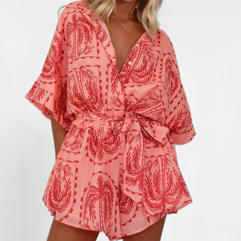 Damen Casual Hemd-Kleid mit großem Kragen und Bindegürtel Drune
