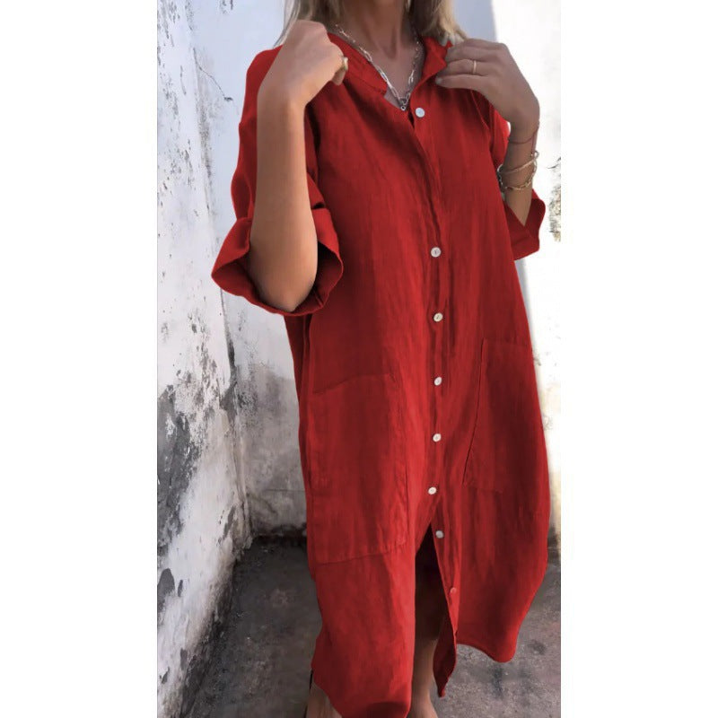 Valenzora | Loose, casual cotton-linen shirt dress with half sleeves