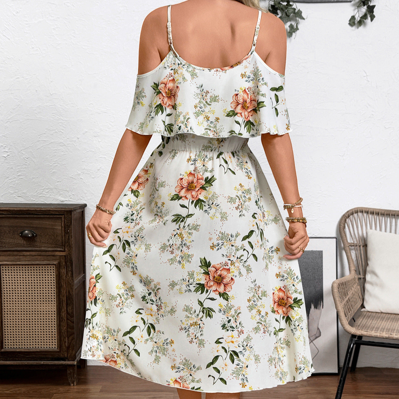 Damen Blume Dekolleté Kleid mit schwingendem Saum und lockerem Schnitt Drune