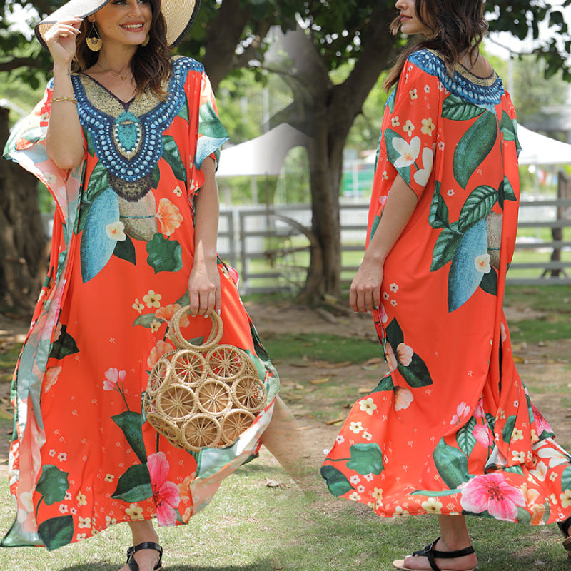 Women's beach kaftan with artistic floral pattern and decorative pearl embellishment, size Valenzora