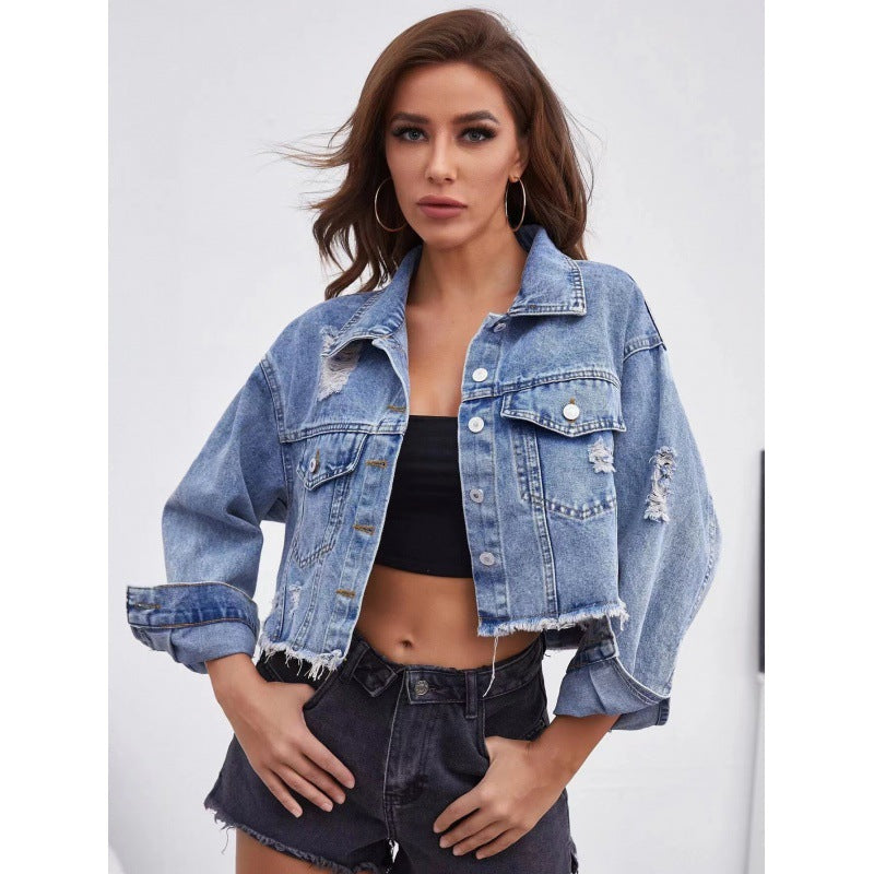 Women's cropped denim jacket in vintage style with casual fringe and robust details, size Valenzora
