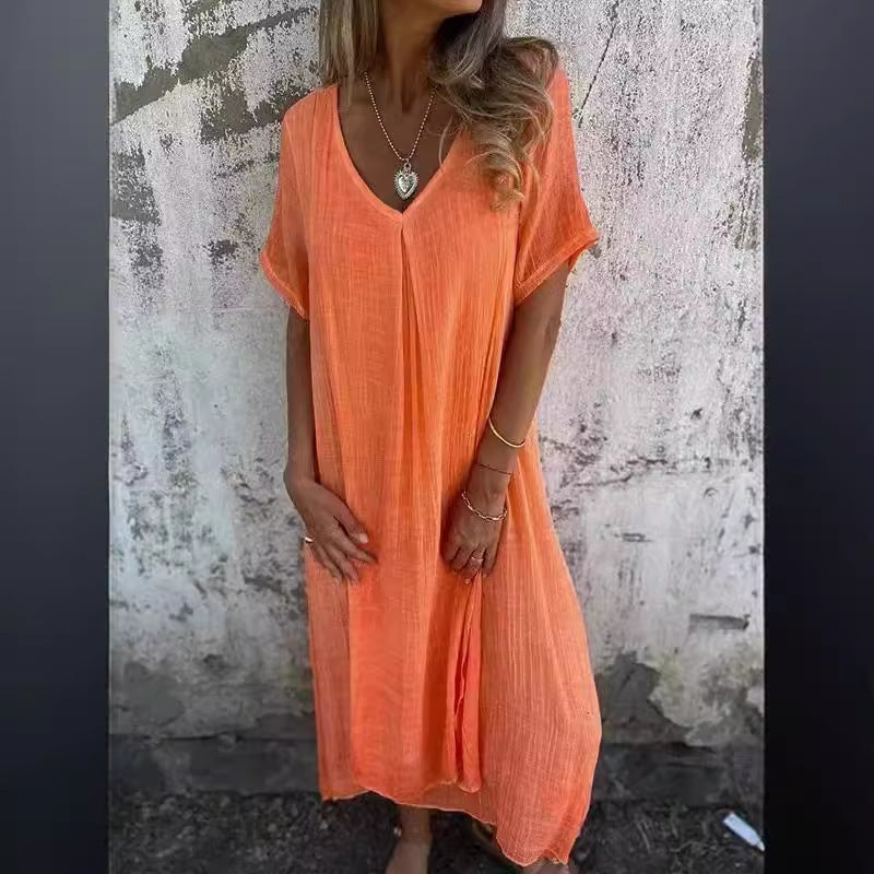Damen Freizeit-Midikleid mit V-Ausschnitt und weiten Glockenärmeln, Größe