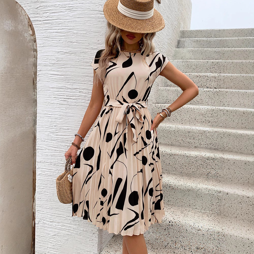 Women's midi dress with trendy geometric pattern mix and adjustable belt, size S
