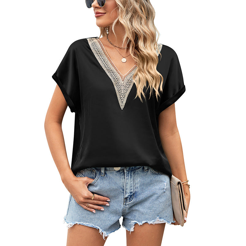 Women's blouse with deep V-neck and crochet accents, size