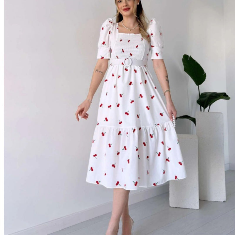 Valenzora | Printed, waist-defining U-neck elegant dress