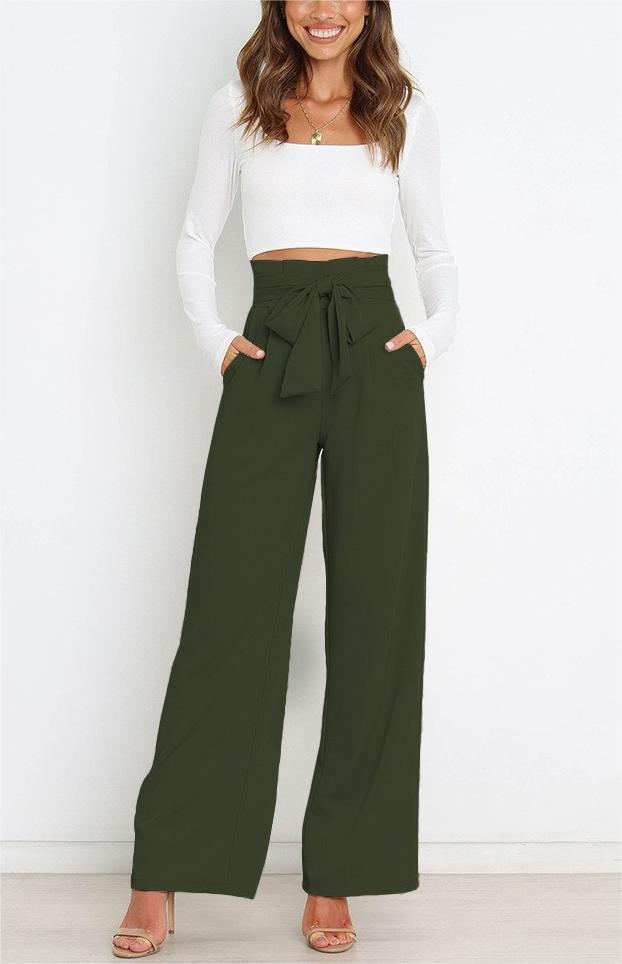 Women's elegant wide-leg trousers with waist belt, size