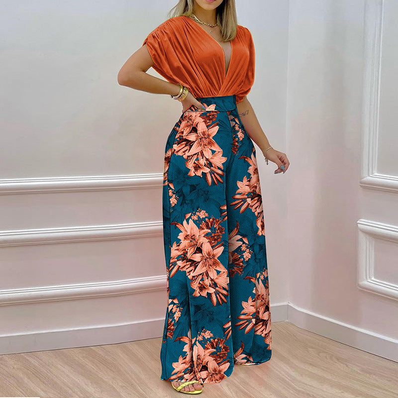 Damen-Jumpsuit mit tiefem V-Ausschnitt und weitem Bein, Größe