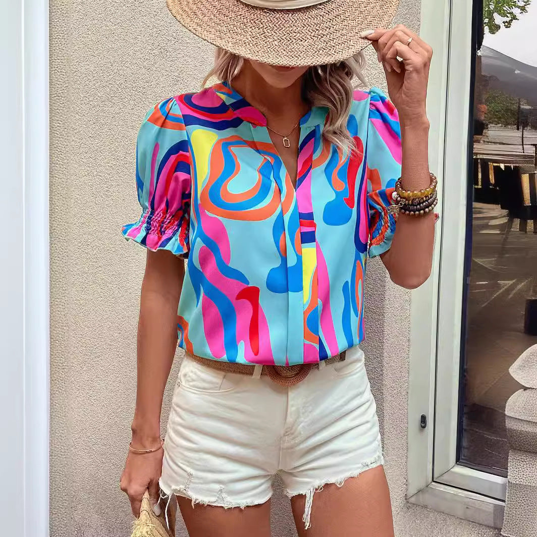 Valenzora | Abstract Print Puff Sleeve Short Shirt