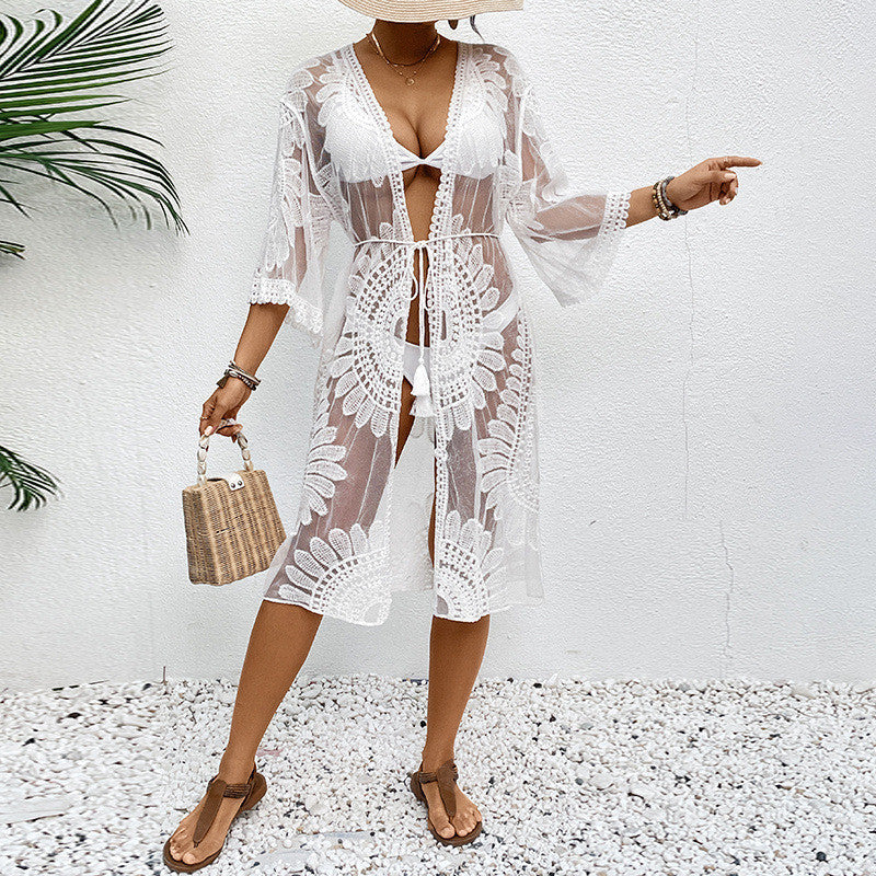 Women's transparent beach throw with elegant crochet pattern, size S