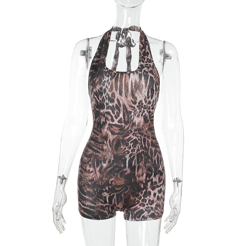 Women's jumpsuit with modern animal print and deep V-neck, size