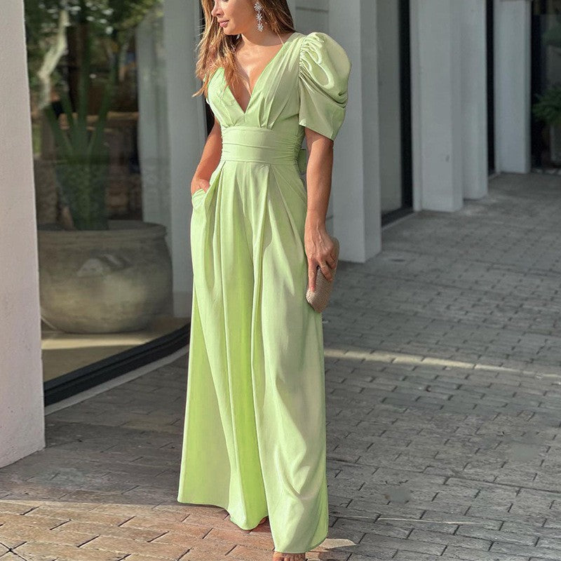 Damen-Jumpsuit mit Puffärmeln, tiefem V-Ausschnitt und weitem Bein, Größe [size missing]