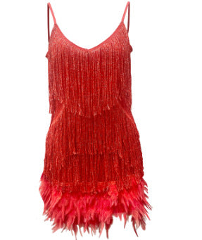 Valenzora-neckline slip dress with feather embroidery