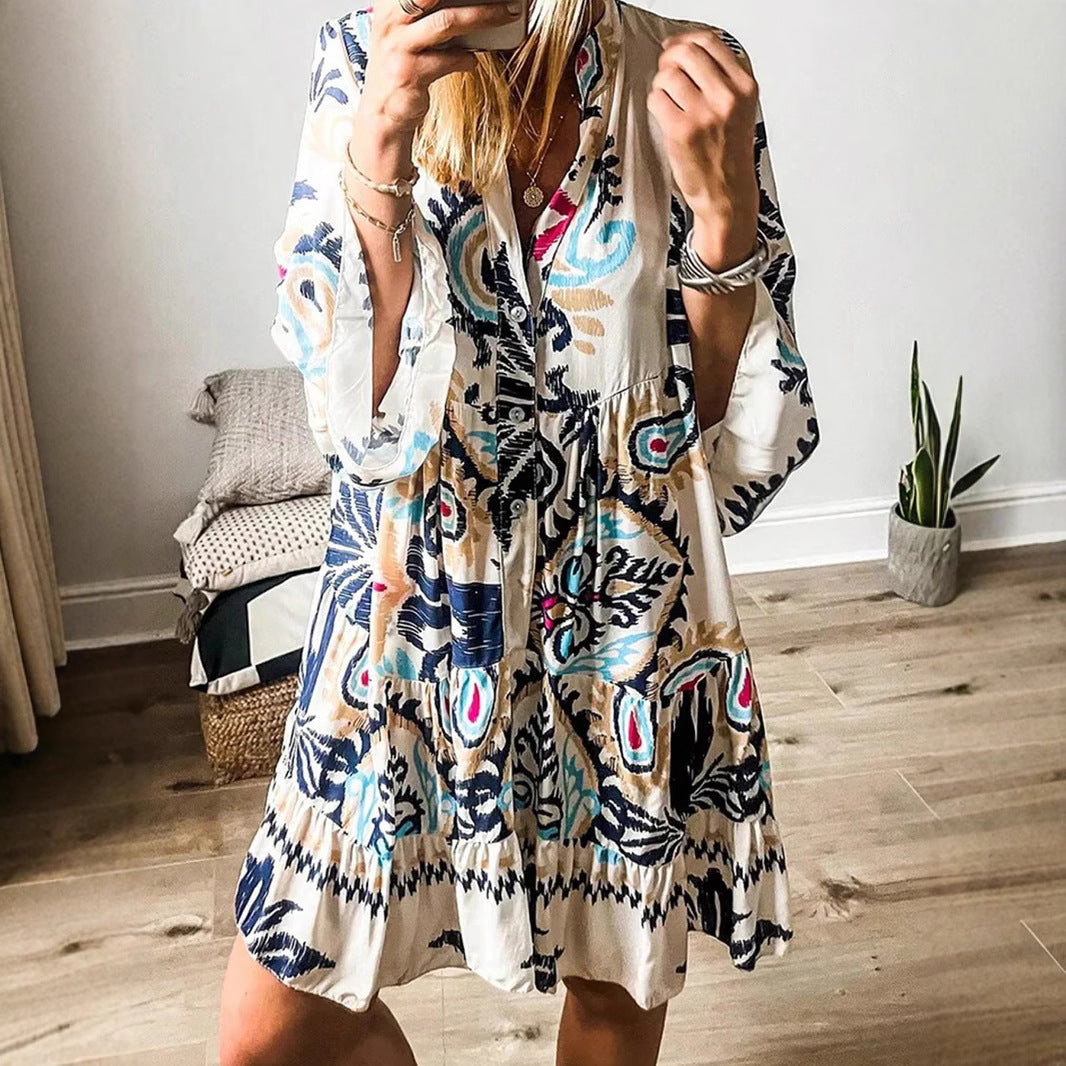 Women's Casual Dress with Fashionable Floral Design and Long Sleeves Drune