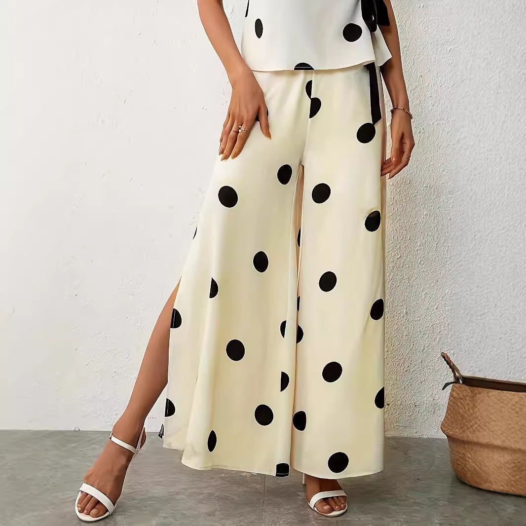 Women's wide-legged, airy polka-dot palazzo pants with elegant side slits, size [size missing]