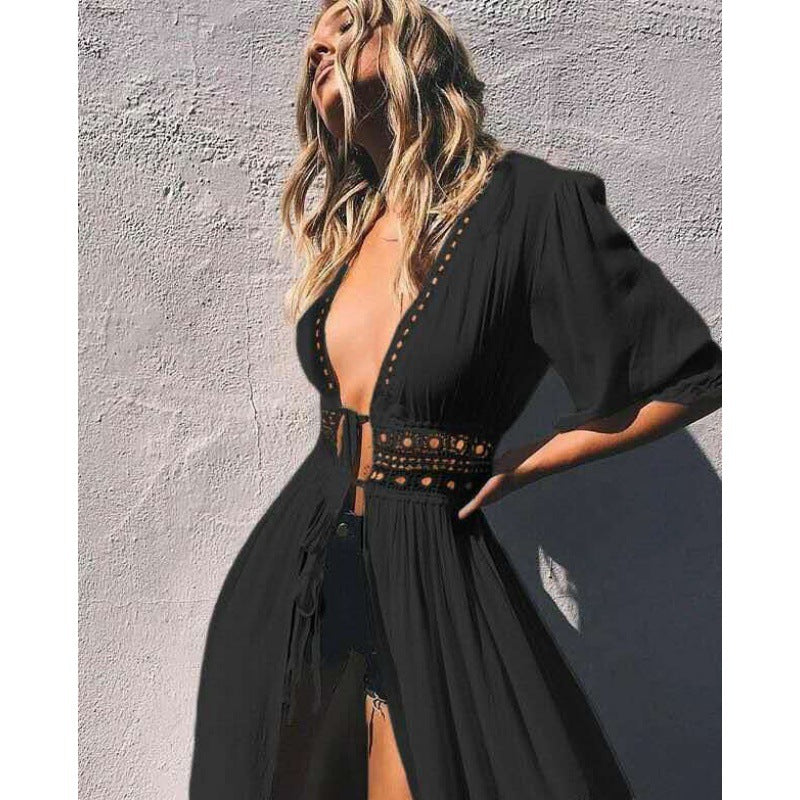 Women's beach wrap with deep V-neck and exquisite neckline details, size Valenzora