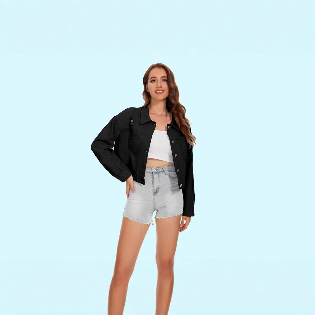 Women's denim jacket in a casual crop style with fringed details, size Valenzora