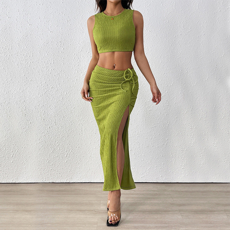 Damen-Set bestehend aus Crop-Top und Maxirock mit raffinierten Rüschen und seitlichem Schlitz, Größe Valenzora