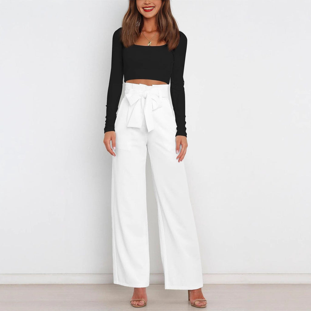 Women's elegant wide-leg trousers with waist belt, size