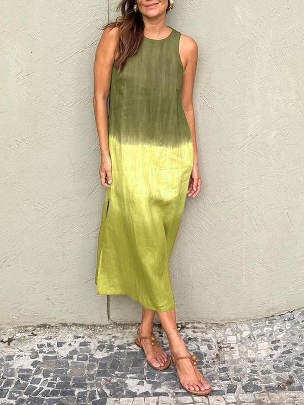 Valenzora | Cotton Linen Sleeveless Slit Gradient Dress