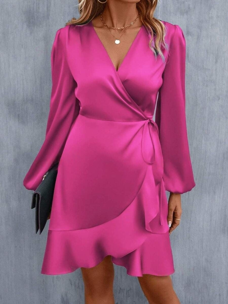 Valenzora | V-neck dress, satin, fitted waist, low neck, casual midi dress, cute women's clothing