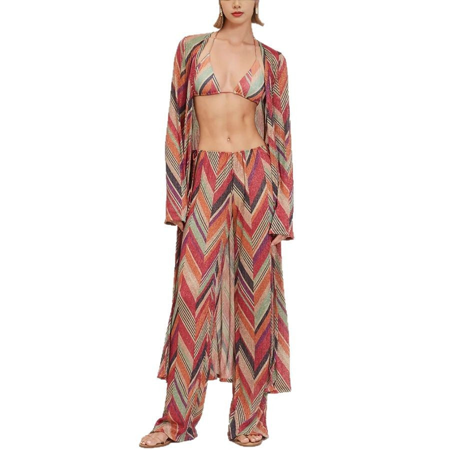 Women's casual beach suit with geometric pattern and loose fit, size