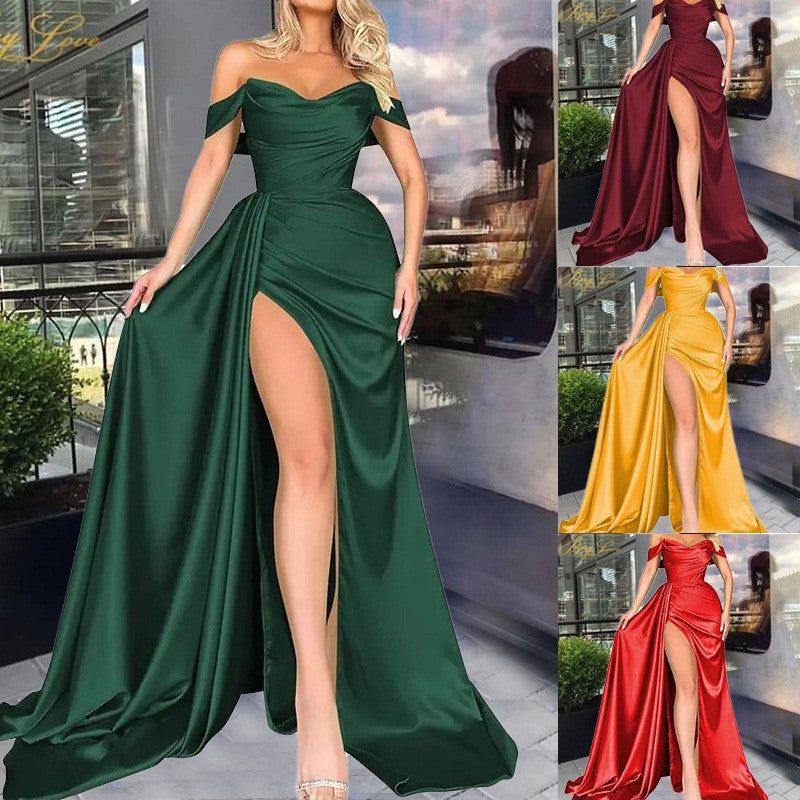 Damen schulterfreies Abendkleid mit hohem Beinschlitz und voluminösem Rock, Größe [Größe fehlt]