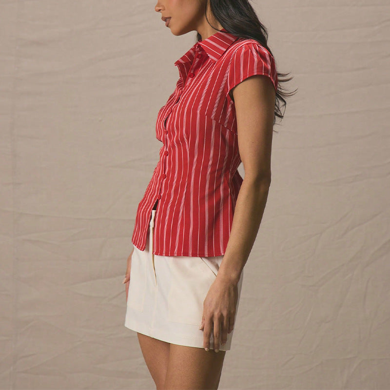 Women's short-sleeved blouse with fine stripes and a modern cut, size [size missing]