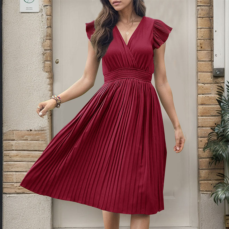Women's midi dress with elegant pleated detail and V-neck, size