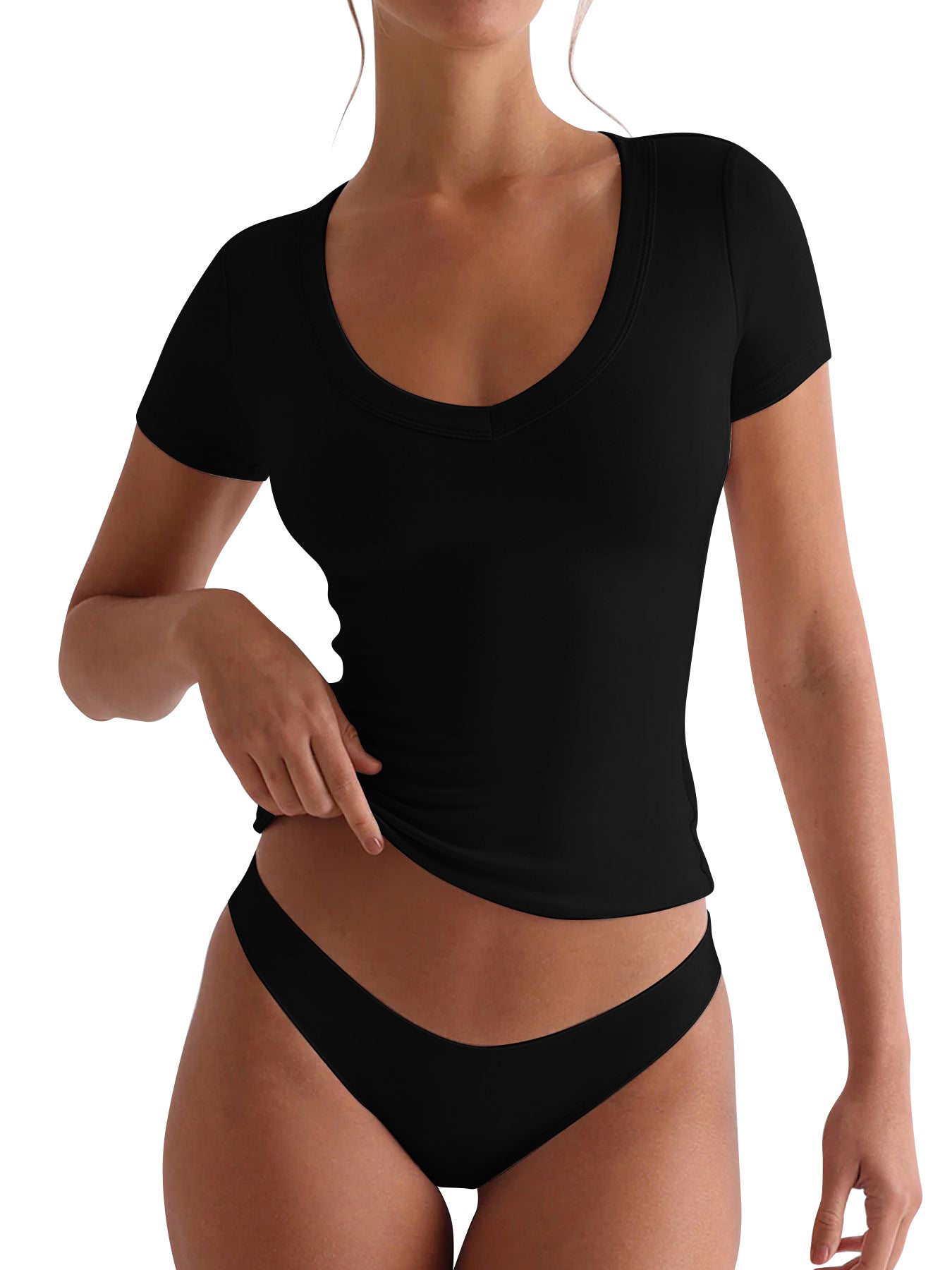 Women's fitted V-neck T-shirt with short sleeves, size