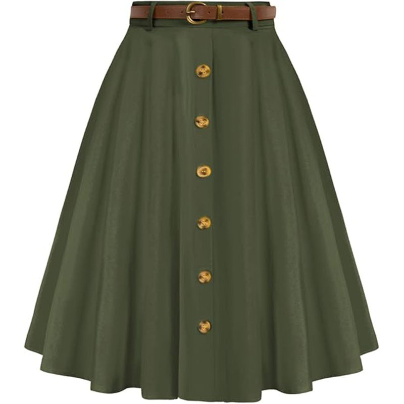 Women's A-line skirt with button placket and belt, size