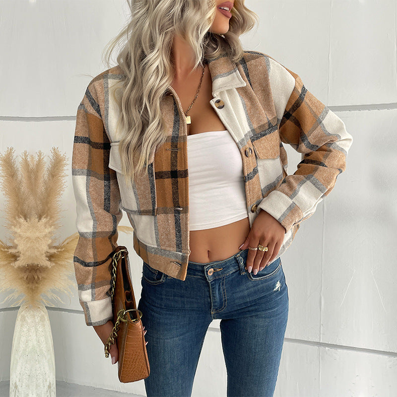 Damen Blousonjacke kariert mit Zierknöpfen und Brusttaschen, Größe
