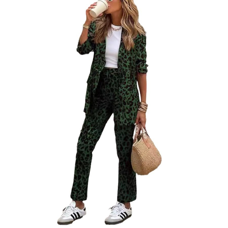 Women's Elegant Blazer-Pants Suit in Fashionable Leopard Print Size