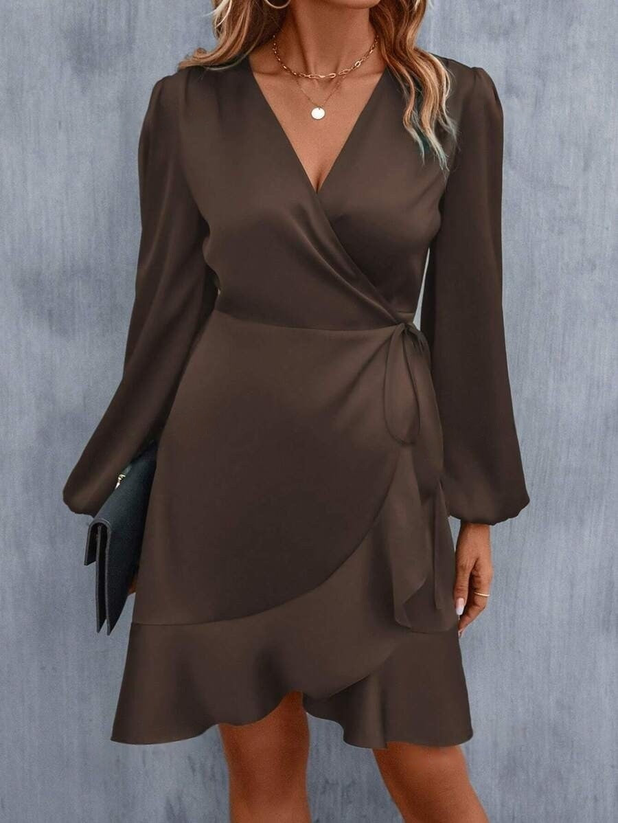 Valenzora | V-neck dress, satin, fitted waist, low neck, casual midi dress, cute women's clothing