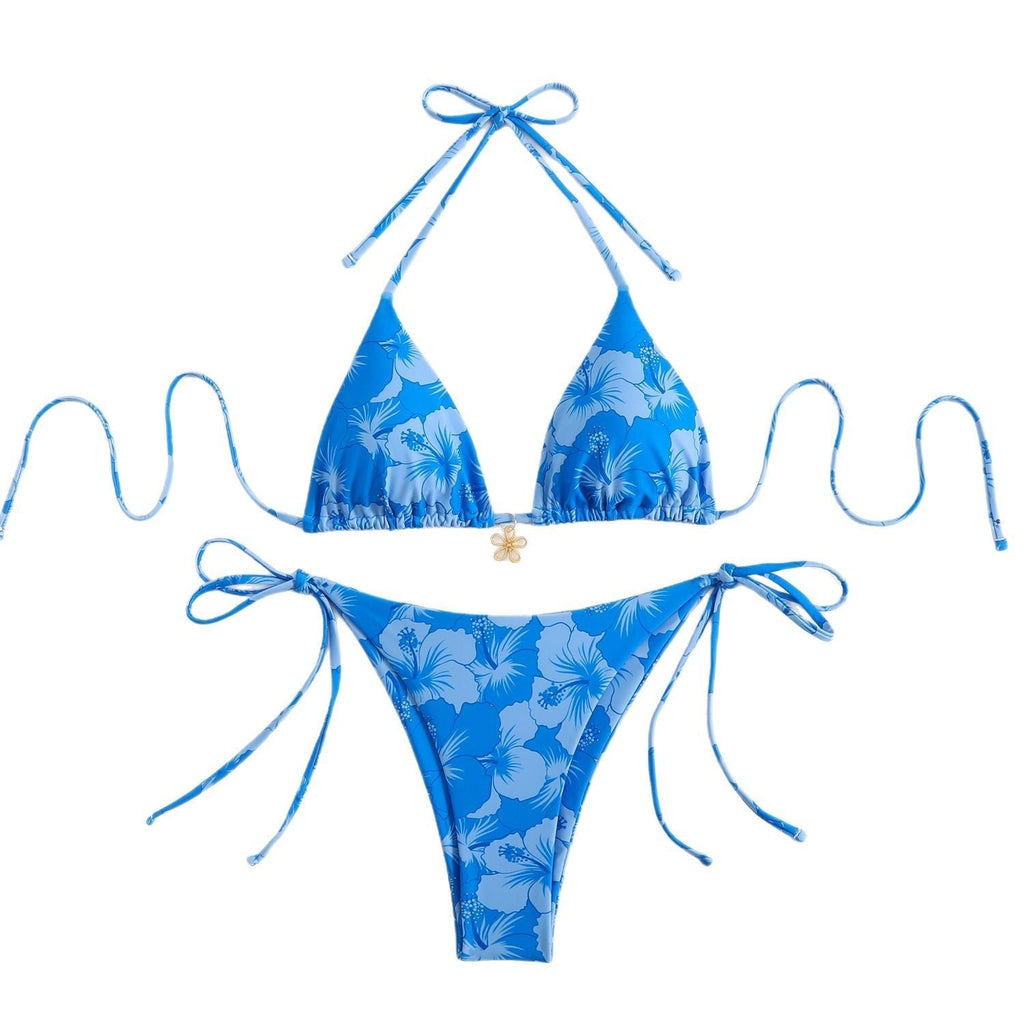 Valenzora | Women's triangle bikini set with playful floral pattern and tie straps