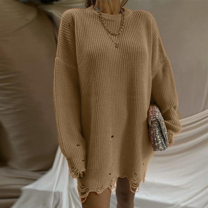 Valenzora Gerissenes Oversize-Strickkleid mit Rundhalsausschnitt