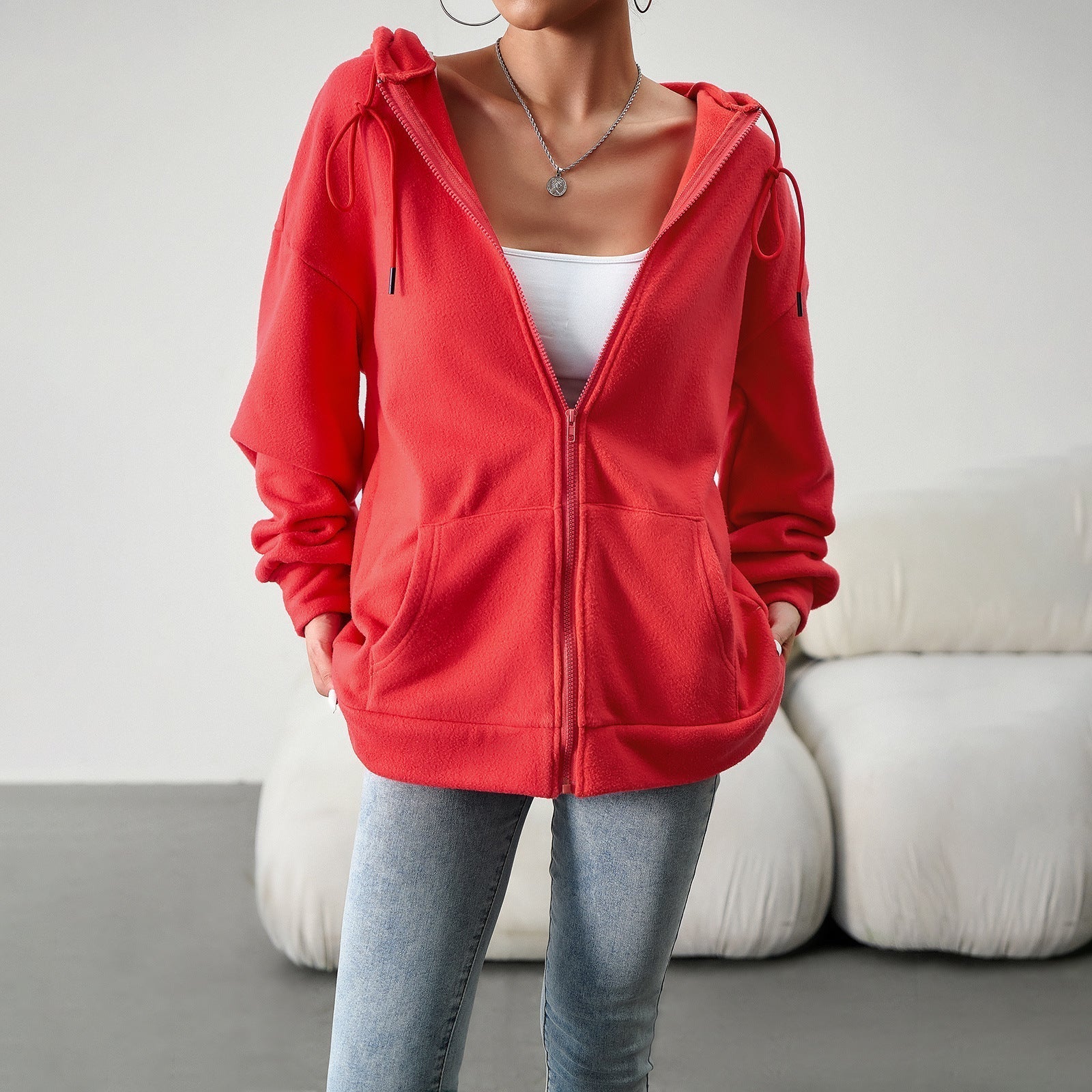 Damen-Fleecejacke mit praktischen Taschen und verstellbarer Kapuze, Größe S