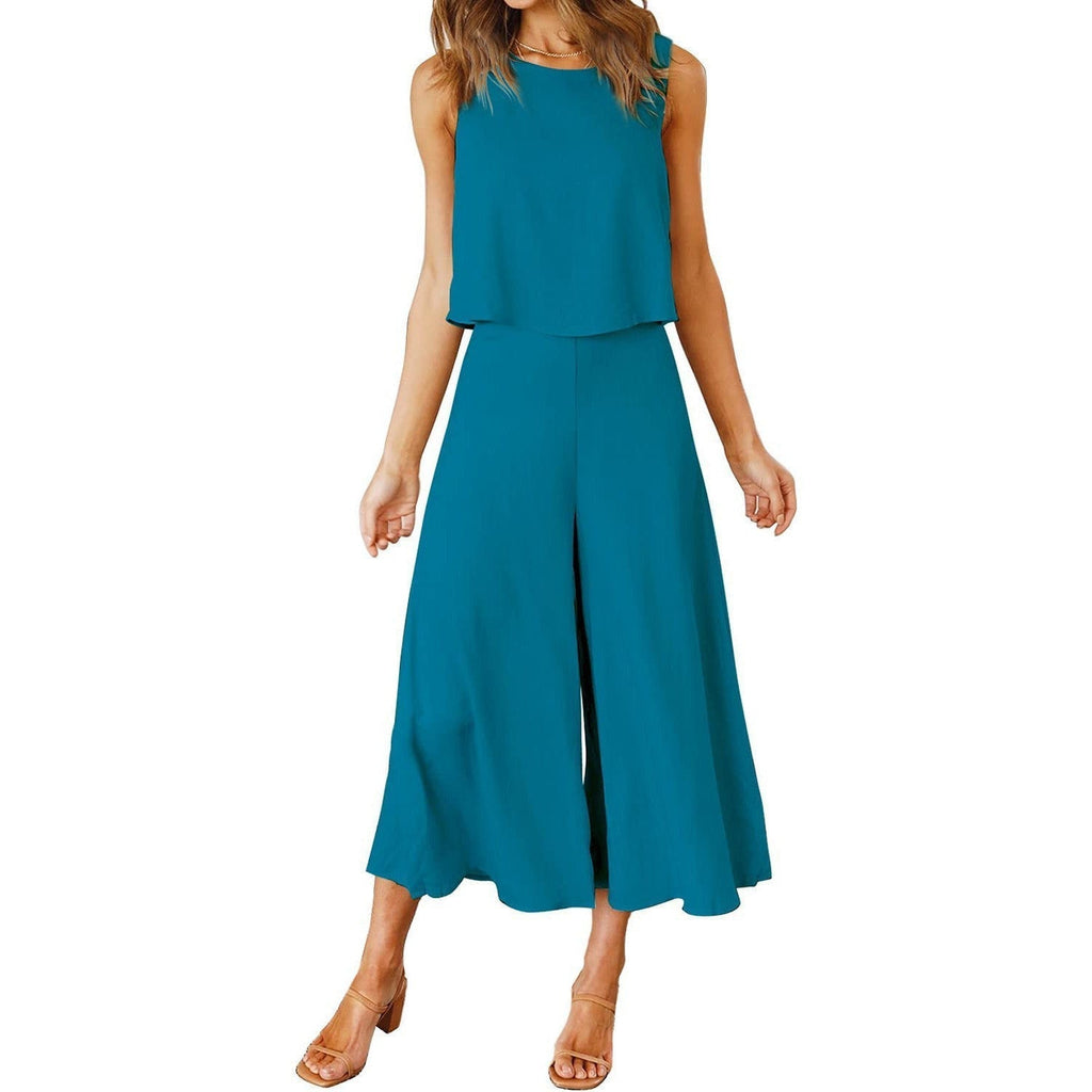 Women's airy jumpsuit with flared leg and sleeveless design, size S