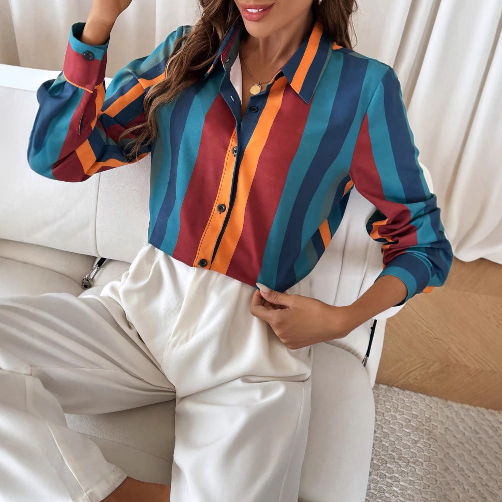 Women's blouse with colorful striped pattern and elegant button placket, size