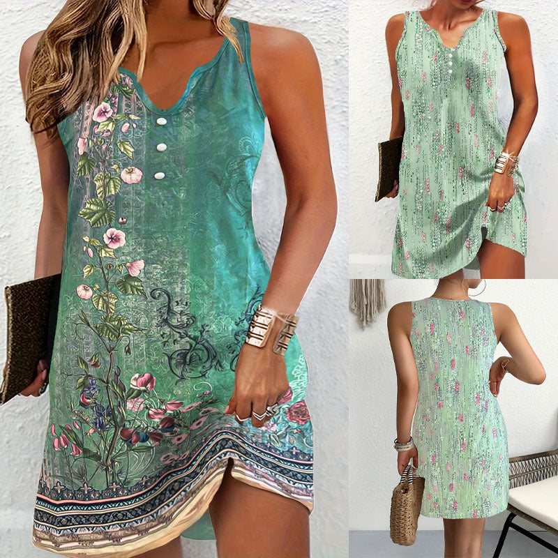 Women's Sleeveless Blouse Dress with Floral Design and Fashionable Button Details Drune
