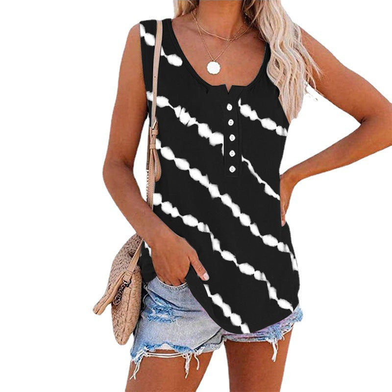 Ärmelloses Damen-Top mit Knopfleiste und modernem Batikmuster, Größe