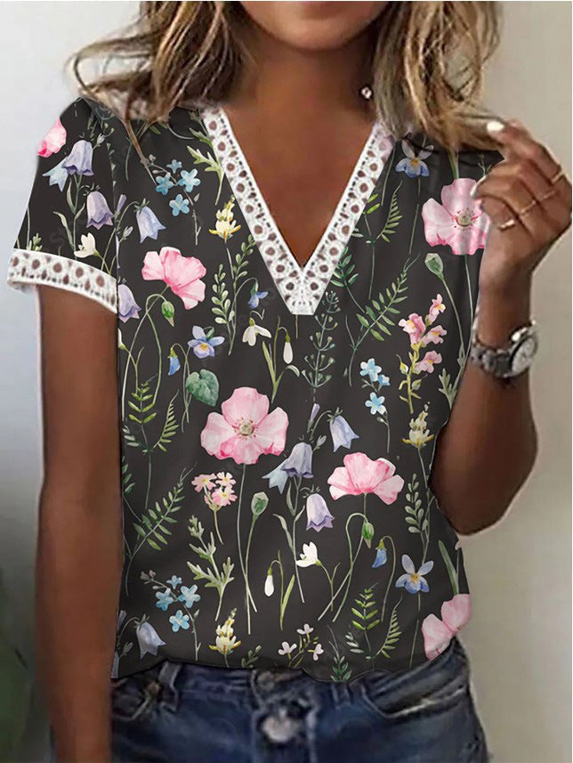 Valenzora | Elegantes bedrucktes Damen T-Shirt mit V-Ausschnitt und kurzen Ärmeln