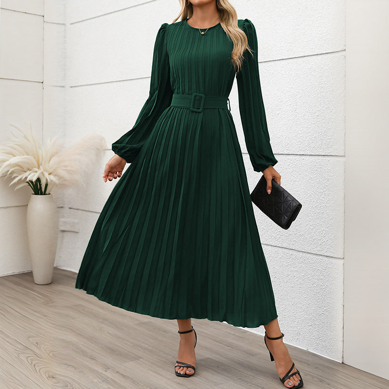 Women's pleated dress with waist belt and long sleeves, size