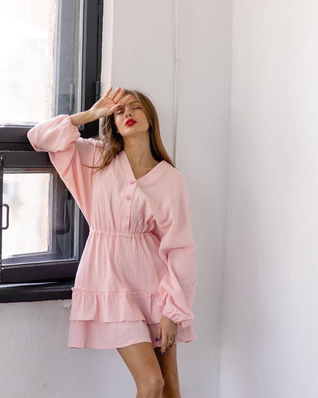 Damen-Babydollkleid für die Freizeit mit Knopfdetails und voluminösen Ärmeln, Größe [size missing]